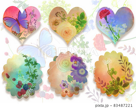 アンティークのハートと花型の紙ーリアルな花のイラストのイラスト素材