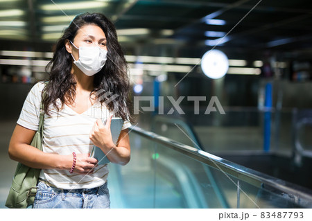 Woman in face mask walking in mall Woman in face mask walking in mall 83487793