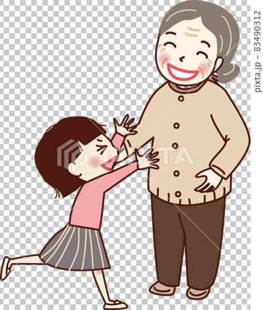 A grandson trying to hug his grandmother. 83490312