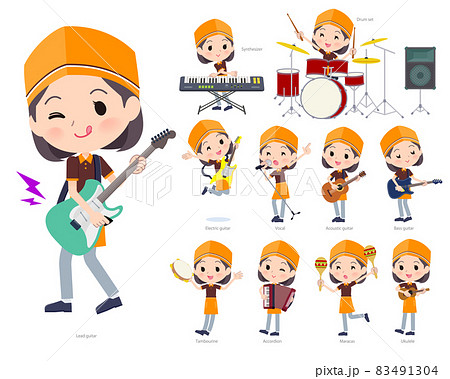 ロックンロールやポップミュージックを演奏するファストフード店員女性のセット 83491304