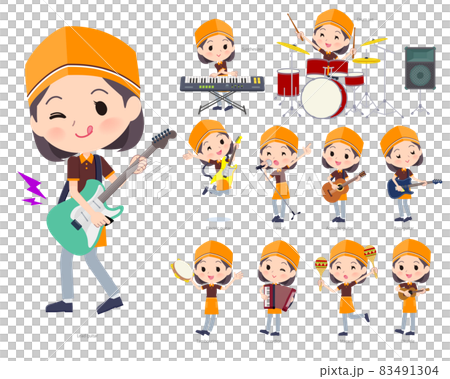 ロックンロールやポップミュージックを演奏するファストフード店員女性のセット 83491304