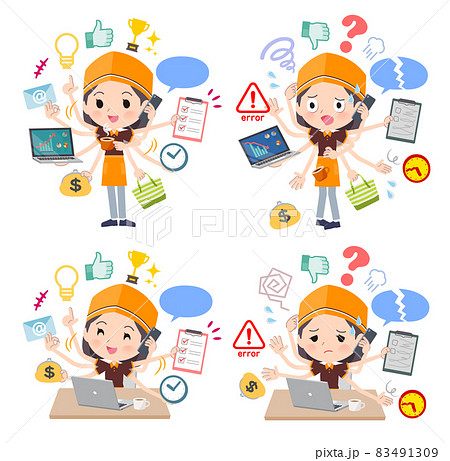 オフィスでマルチタスクをこなすファストフード店員女性のセット 83491309