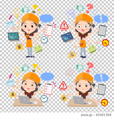 オフィスでマルチタスクをこなすファストフード店員女性のセット 83491309