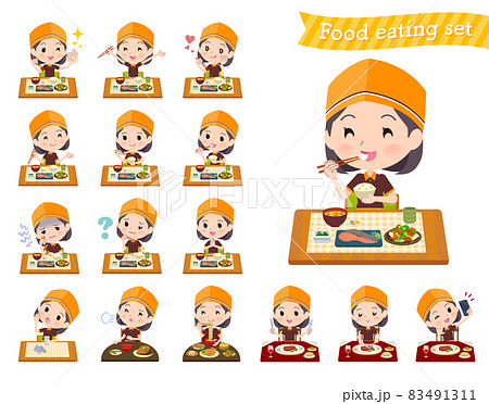 食事に関するファストフード店員女性のセット 83491311