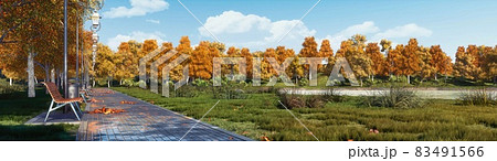 Park walkway with empty bench at autumn panorama 83491566