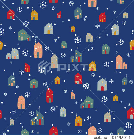 Cute childlike homes and snowflakes. Christmas background for party or gifts. Vector Cute childlike homes and snowflakes. Christmas background for party or gifts. Vector 83492011