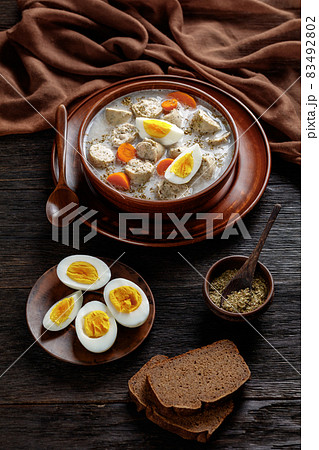 Zurek polish soup with white kielbasa on a bowl 83492802