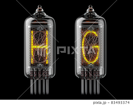 Nixie tube indicator. Letters h and g on black background. Nixie tube indicator. Letters h and g on black background. 83493374