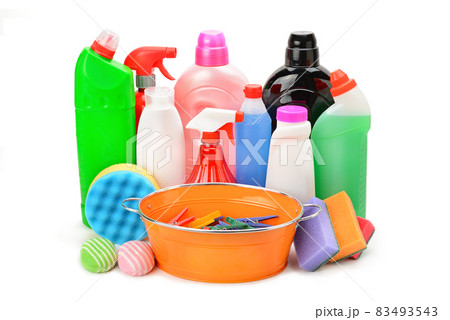 various household cleaning products isolated on a white background. various household cleaning products isolated on a white background. 83493543