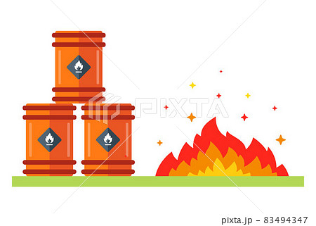 fire near a barrel of gasoline. flammable substance with a flame nearby. 83494347