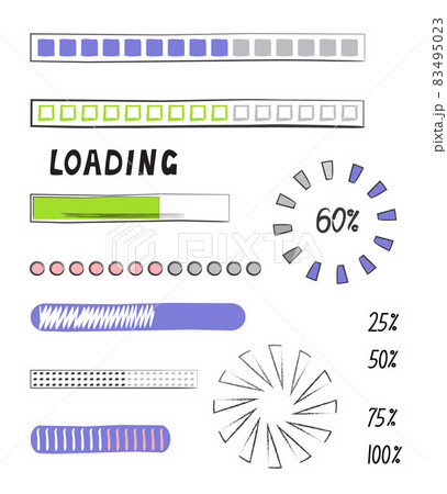 Loading progress bar vector style in doodle style. Updated progress circle bar icons. Loader button. Load progress bar for UI. 83495023