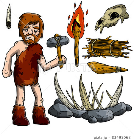 Cave primitive man and weapons. Set of items for hunting. 83495068