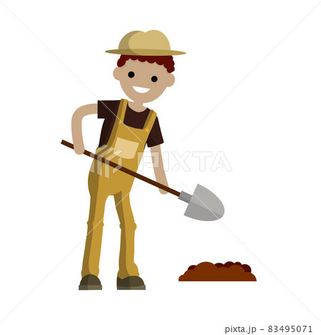 Man farmer with a shovel digs the ground bed. 83495071