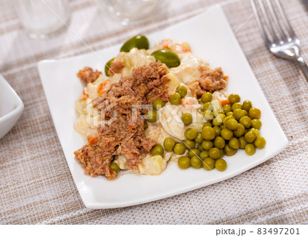 Traditional Spanish salad with tuna, olives and egg 83497201