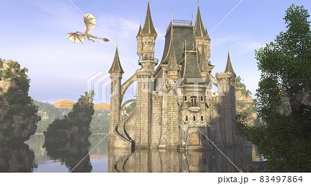 3D Illustration Of A Castle On The Water And Dragon 3D Illustration Of A Castle On The Water And Dragon 83497864