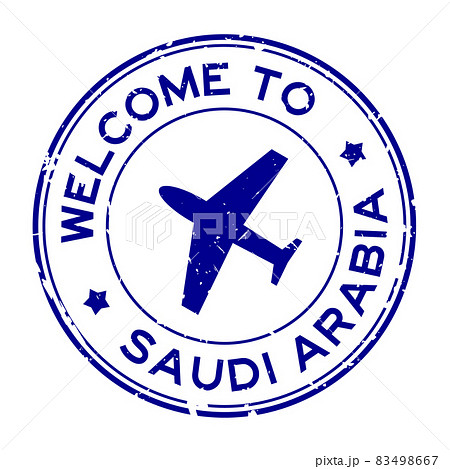 Grunge blue welcome to Saudi Arabia word with airplane icon round rubber seal stamp on white background 83498667