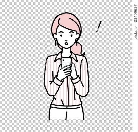 立ってスマートフォンを操作して何かに気づいて驚いたブラウスの女性 83499637