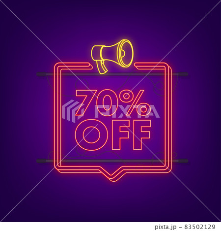 70 percent OFF Sale Discount neon banner with megaphone. Discount offer price tag. 70 percent discount promotion flat icon with long shadow. Vector illustration 70 percent OFF Sale Discount neon banner with megaphone. Discount offer price tag. 70 percent discount promotion flat icon with long shadow. Vector illustration 83502129