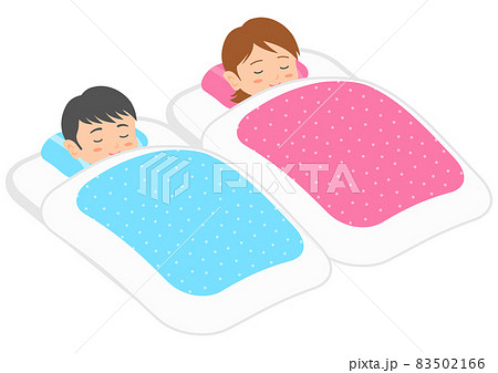 布団を並べて寝る男女のイラスト素材