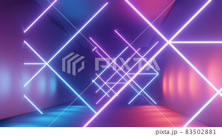 3d render of RGB neon light on darkness background. Abstract Laser lines show at night. Ultraviolet spectrum beam scene 83502881
