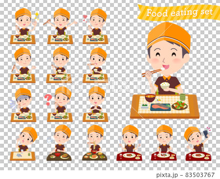 食事に関するファストフード店員男性のセット 83503767