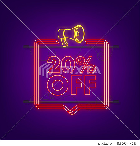 20 percent OFF Sale Discount neon banner with megaphone. Discount offer price tag. 20 percent discount promotion flat icon with long shadow. Vector illustration 83504759
