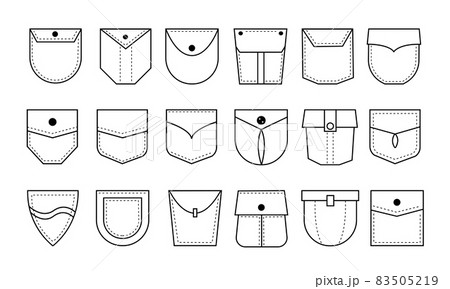 Pocket icon. Denim clothes patch with flaps and buttons. Seam on jeans bag line graphic collection. Pants or shirt pouches with decorative stitches. Vector casual garment elements set Pocket icon. Denim clothes patch with flaps and buttons. Seam on jeans bag line graphic collection. Pants or shirt pouches with decorative stitches. Vector casual garment elements set 83505219