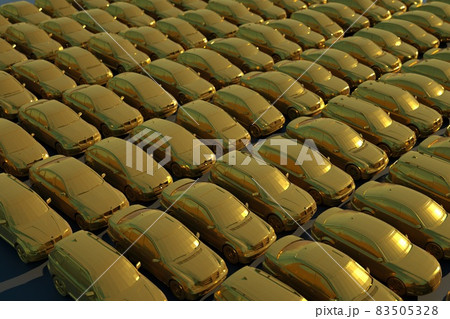 3D illustration of a multitude of cars in gold coating on a black isolated background. Lots of gold cars, 3D graphics, side view 83505328