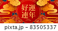 Best wishes for new year to come in Chinese word. Happy New Year. Chinese New Year banner. China red round lantern and Flowers on red background (Chinese translation: luck, rich) 83505337