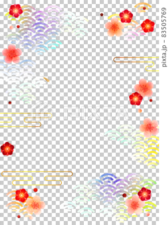 水彩風花と雲と虹色青海波の背景タテ 83505769