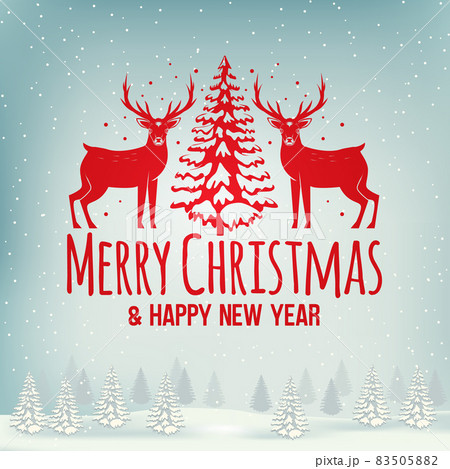 Merry Christmas and Happy New Year stamp, sticker set with elk, forest landscape, christmas tree. Vector illustration. Vintage typography design for xmas, new year emblem in retro style 83505882