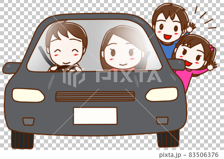 車で出発する男性女性と少年少女のイラスト素材 車で出発する男性女性と少年少女のイラスト素材
