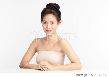 Beautiful young asian woman with clean fresh skin on white background, Face care, Facial treatment, 83507863
