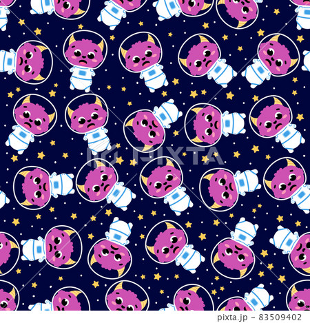 Cute purple astronaunt flying around in space, seamless pattern on dark backgrounf with stars and constellations Cute purple astronaunt flying around in space, seamless pattern on dark backgrounf with stars and constellations 83509402