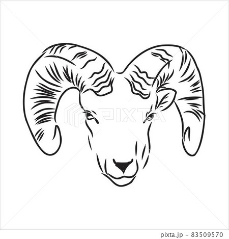 Large goat horns screwed shape from back, sketch vector drawing in graphic style on white background 83509570