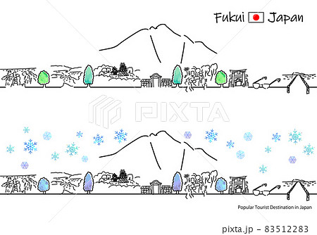 冬の福井県の観光地の街並みシンプル線画セット 83512283