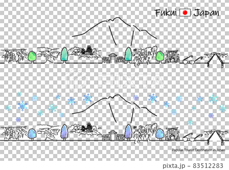 冬の福井県の観光地の街並みシンプル線画セット 83512283