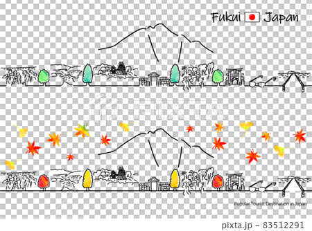 秋の福井県の観光地の街並みシンプル線画セット 83512291