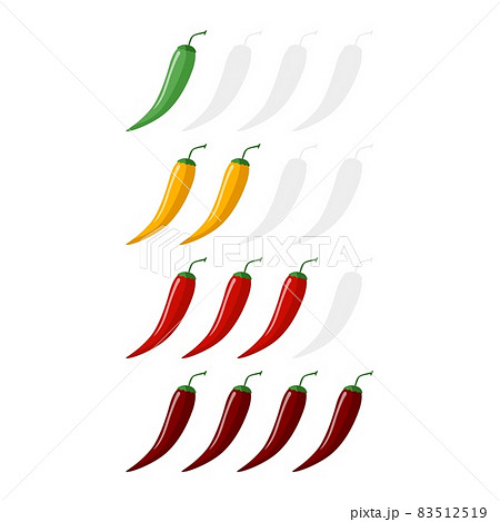 Spicy chilli pepper on the rise heat isolated on white background. Sticker different colors for menu restaurant in flat style. 83512519