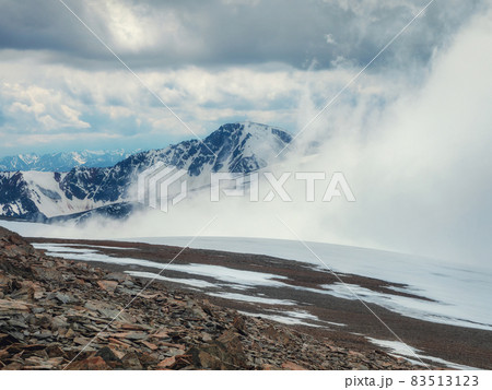 Storm on the top of a mountain. Wonderful dramatic landscape with big snowy mountain peaks above low clouds. Atmospheric large snow mountain tops in cloudy sky. Storm on the top of a mountain. Wonderful dramatic landscape with big snowy mountain peaks above low clouds. Atmospheric large snow mountain tops in cloudy sky. 83513123