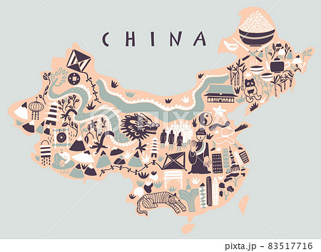 Vector hand drawn stylized map of China. Travel illustration of China landmarks. Geography illustration and handwritten lettering. Asia map element. People's Republic of China 83517716