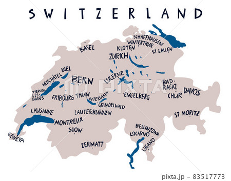 Vector hand drawn stylized map of Switzerland. Travel illustration of The Swiss Confederation cities. Hand drawn lettering illustration. Europe map element Vector hand drawn stylized map of Switzerland. Travel illustration of The Swiss Confederation cities. Hand drawn lettering illustration. Europe map element 83517773