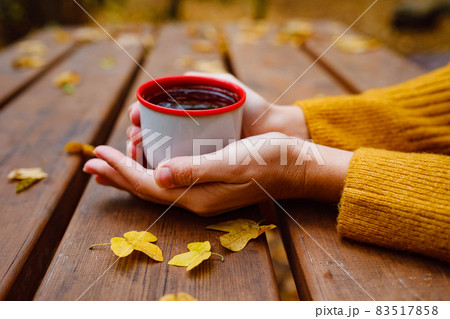 cup of hot tea in female hands holding it on wooden autumn cup of hot tea in female hands holding it on wooden autumn 83517858