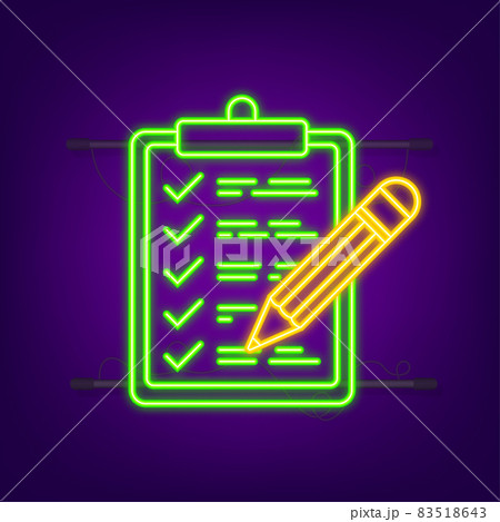 Clipboard with checklist icon. Neon icon. Clipboard with checklist icon for web. Vector illustration Clipboard with checklist icon. Neon icon. Clipboard with checklist icon for web. Vector illustration 83518643