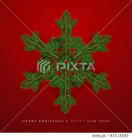 Realistic snowflake made of pine branches decorated with red balls. Christmas concept. New year card illustration on red background 83519383