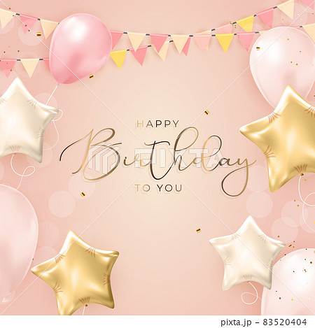 Happy Birthday congratulations banner design with Confetti, Balloons and Glossy Glitter Ribbon for Party Holiday Background. Vector Illustration 83520404