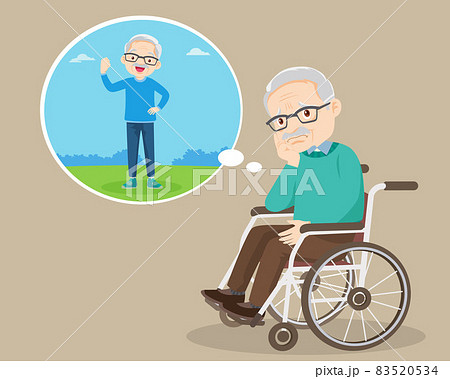 elderly man in wheelchair thinking to good healthy 83520534