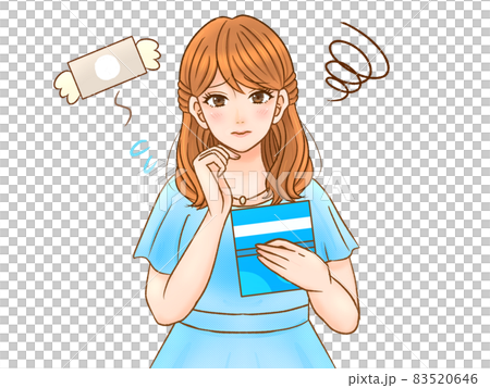 Illustration material of a woman who has trouble looking at a passbook 83520646