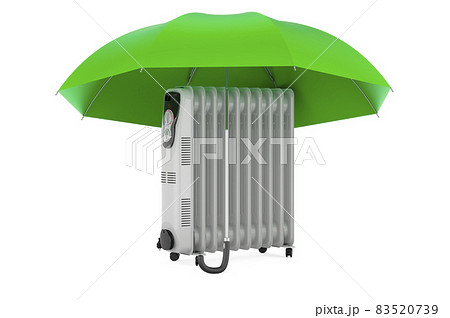 Oil-filled heater under umbrella, 3D rendering 83520739