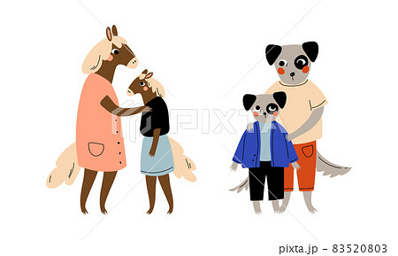 Animal Parent Humanized Character Standing with Their Kid Vector Set 83520803